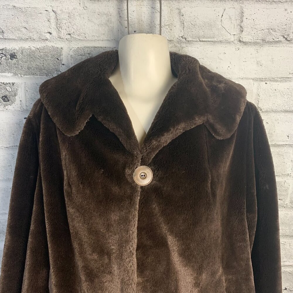 Vintage 1950s 60s MCM Chocolate Brown Faux Fur Teddy Coat - Picture 2 of 16